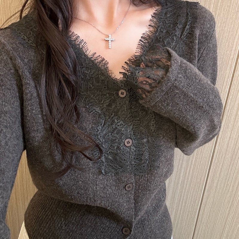 蕾丝拼接v领针织开衫外套女外穿秋冬毛衣L小衫加厚内搭打底衫上衣