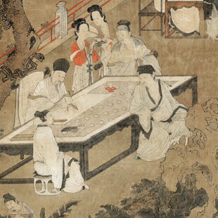 仇英西园雅集图古代人物画新中式装饰画走廊过道竖版挂画仿古古画