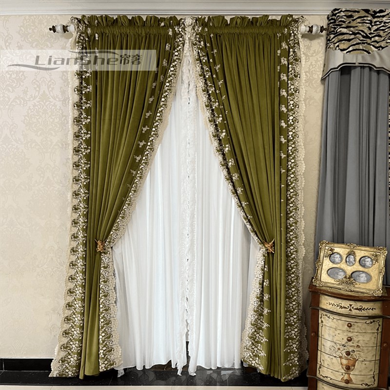 复古绿色加厚丝绒浮雕绣花法式美式客厅布帘刺绣蕾丝卧室遮光窗帘