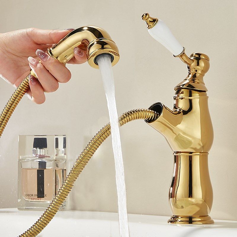 法式复古抽拉式水龙头全铜面盆洗手龙头浴室金色陶瓷把手冷热水头,家装主材,面盆龙头,淘宝优惠券,粉丝福利购,淘宝优惠卷
