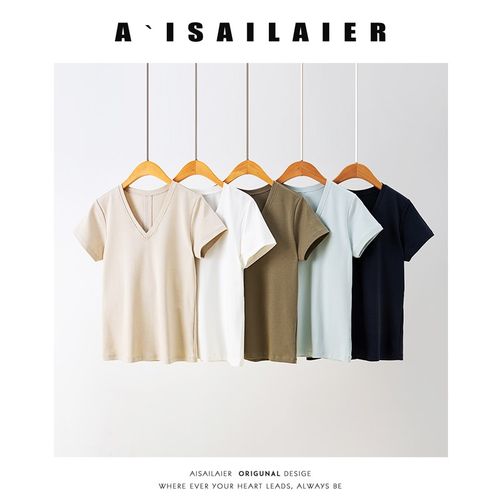 重磅高级感V领短袖女2025年夏季新款运动T恤健身宽松显瘦纯色上衣