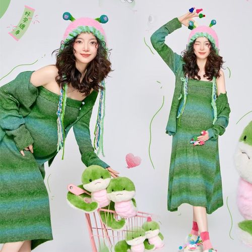 影楼孕妇新年拍照主题绿色针织套装孕妈咪室内艺术照摄影服装