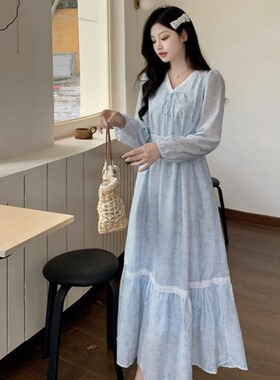 大码法式v领蓝色雪纺连衣裙女长A袖秋I季新款收腰气质温柔风长裙