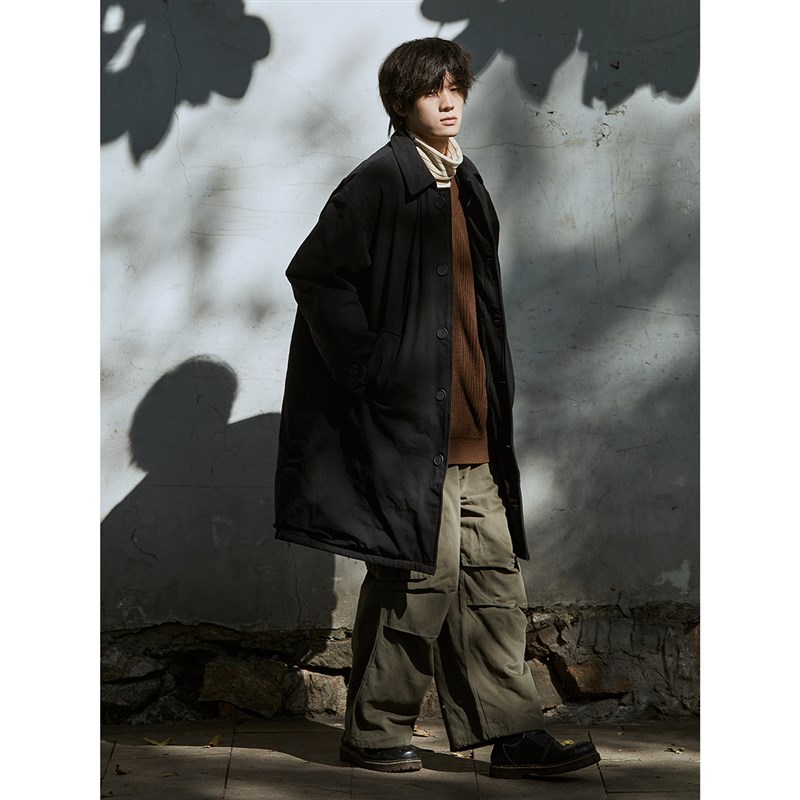 南鹤冬季夹棉中长款纯色风衣宽松简约工装上衣日系复古纯色棉衣潮