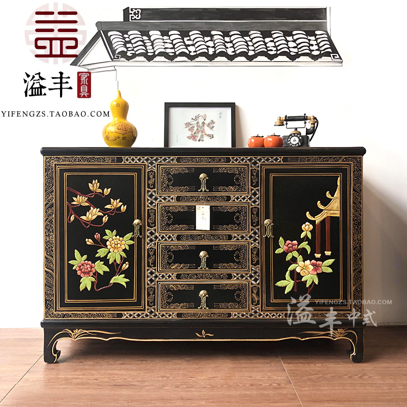 餐边柜酒柜一体靠墙中式玄关鞋柜子客厅家用茶水碗柜手绘艺术家具