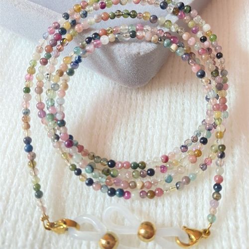 天然糖果碧玺眼镜链女时尚精致2mm圆珠锁骨项链百搭眼镜耳机配饰