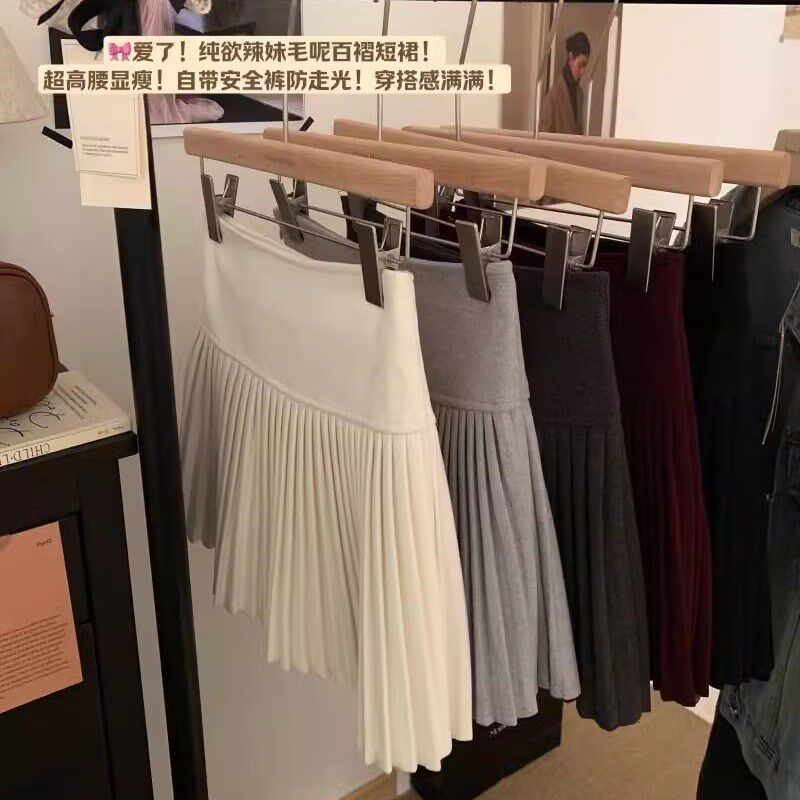 纯欲风毛呢百褶裙春夏百搭配靴子a字短裙子防走光高腰显瘦风琴裙