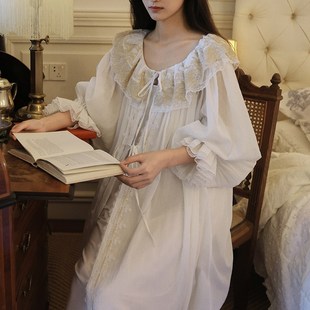 法式赫本风睡裙女长袖春秋款带胸垫仙女风睡衣长款纯棉睡袍两件套