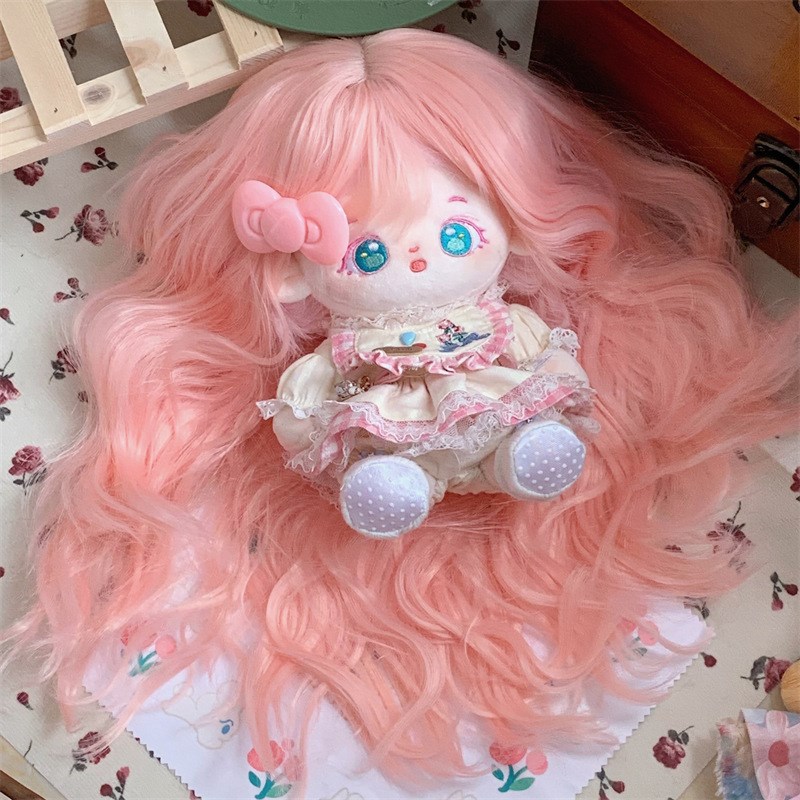 20cma棉花娃娃假发 高温丝化纤齐刘海粉色长卷发化纤假发整顶发套