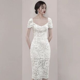 2024夏季f新款智熏裙法式高腰a收腰礼服短袖修身V领中长款连衣裙