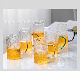 厂家彩色创意锤纹水杯六色把手家用泡茶绿茶牛奶果汁家用玻璃