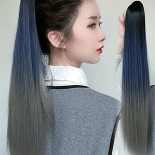 假发马尾女抓夹挑染灰雾蓝长直发马尾自然逼真网红渐变假发高马尾