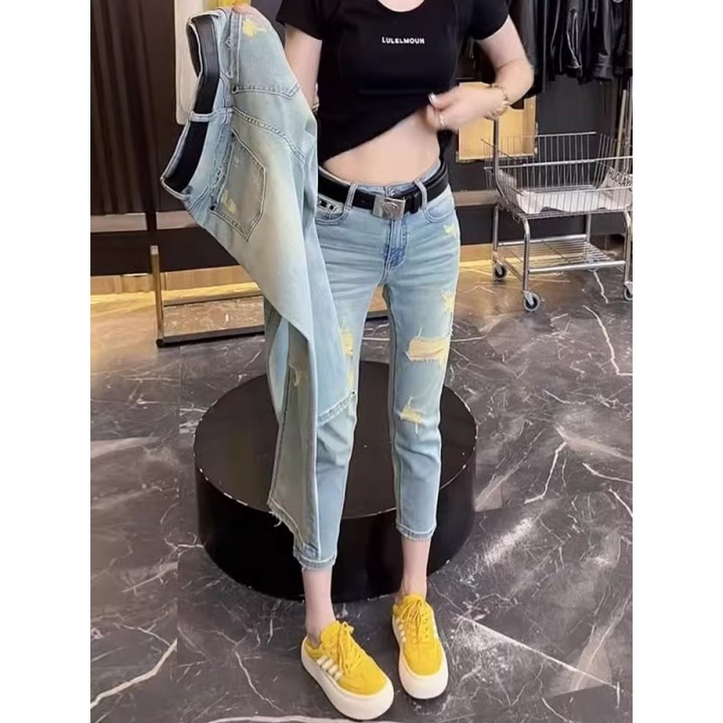 大码女装弹力修身破洞直筒牛仔裤春季新款百搭高腰显瘦八分烟管裤