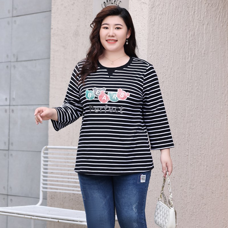 胖妈妈春装新款时尚圆领条纹T恤加大码洋气减龄遮肚显瘦百搭上衣