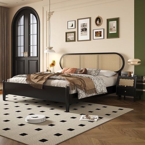 北欧实木藤编床现代简约卧室侘寂复古风黑色床法式中古1.8m双人床