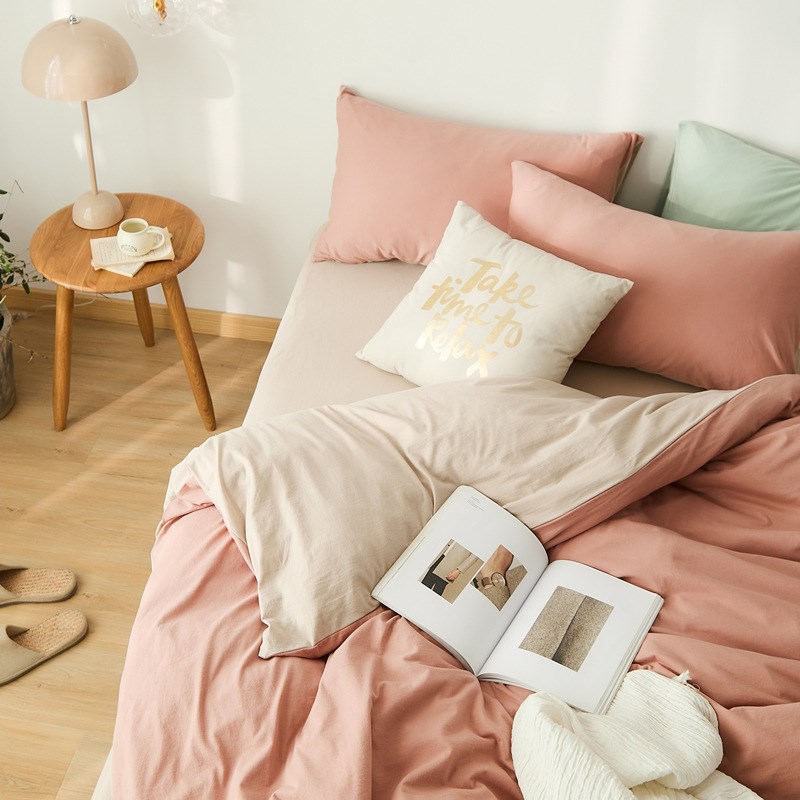 简约纯色双拼全棉针织棉四件套 裸睡纯棉天竺棉被套床单床笠床品