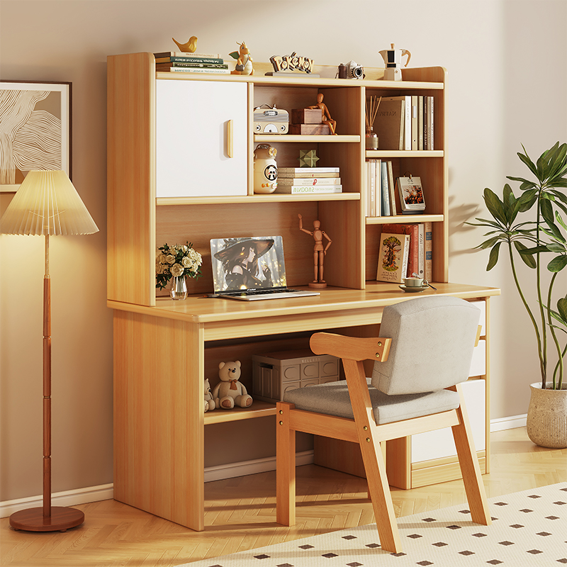 实木书桌书架一体书柜大桌子工作台家用客厅写字桌现代书房学习桌