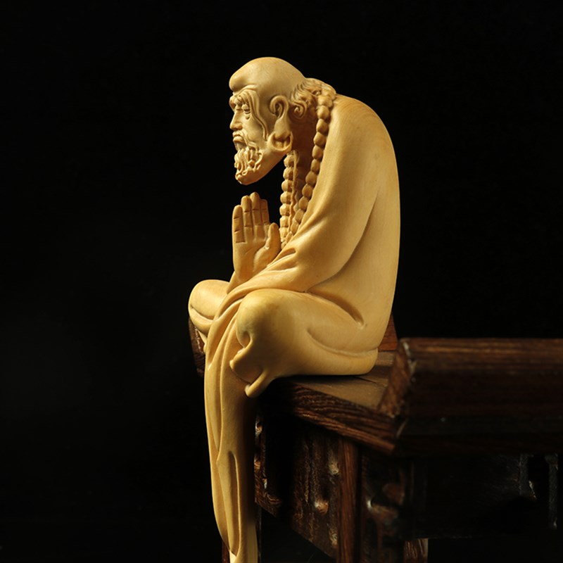 黄杨木雕人物手把件中式家居工艺品精致木质雕刻摆件挂珠思禅达摩