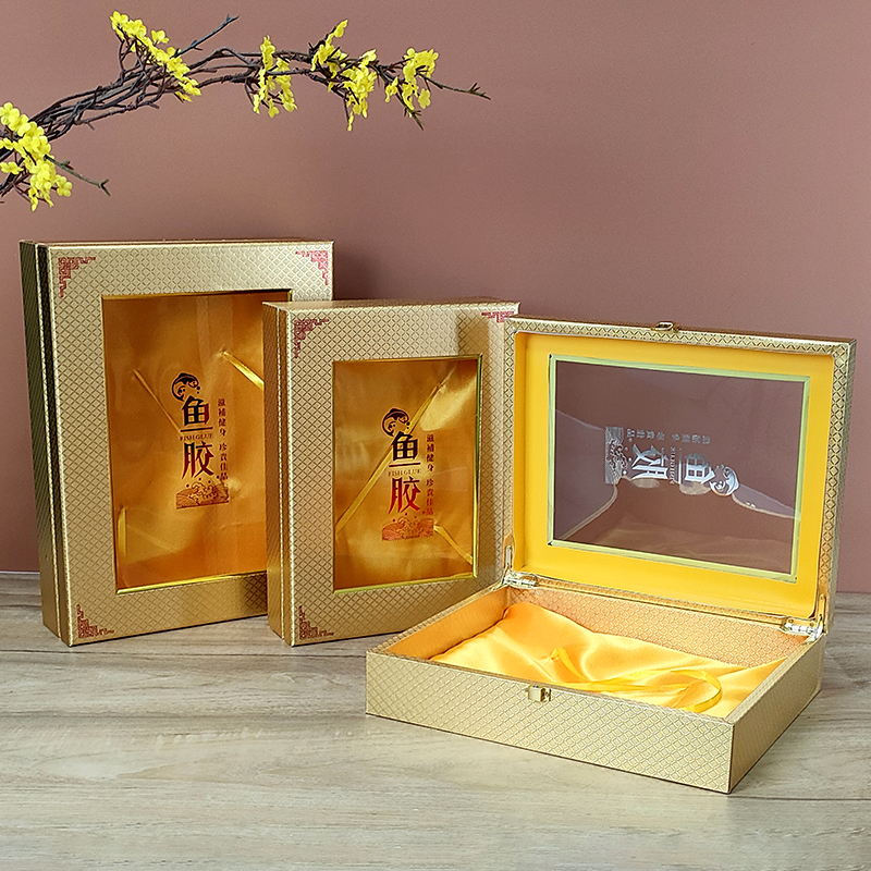 新款金格鱼胶包装盒高档鳘鱼胶礼品盒花胶展示盒大号木盒配送礼袋