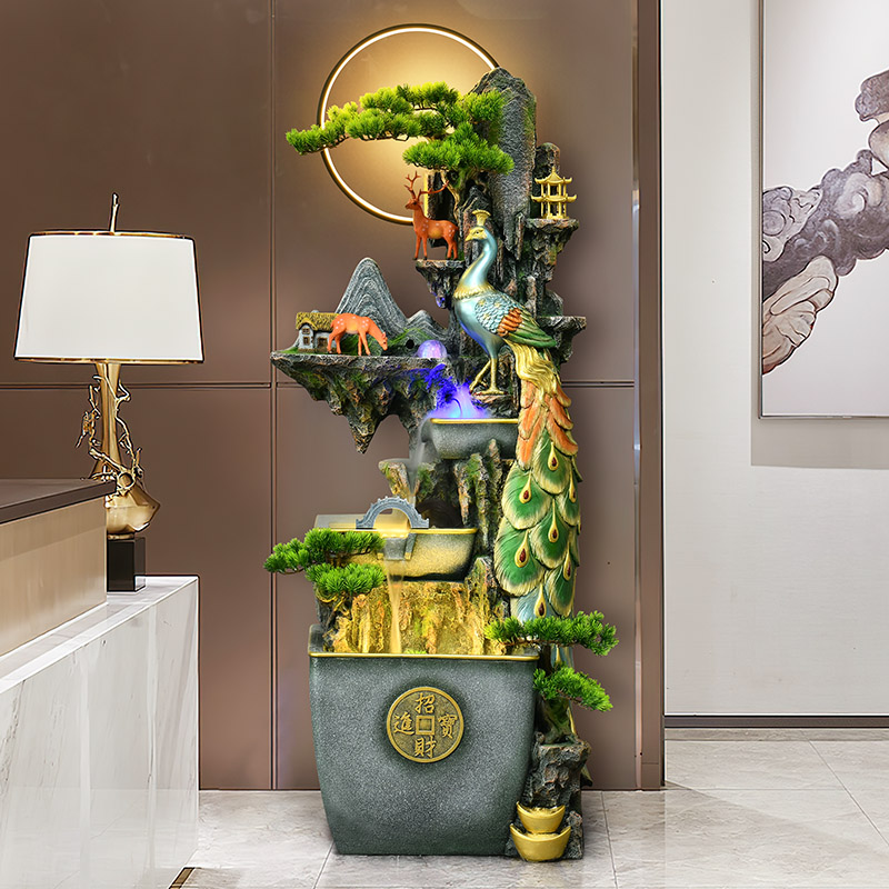 客厅流水摆件孔雀山岭景观家居摆设送礼办公室别墅会所装饰摆饰