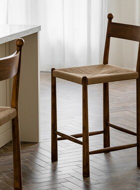 ooi法式藤编椅复古实木餐椅家用吧台椅岛台椅高脚椅子