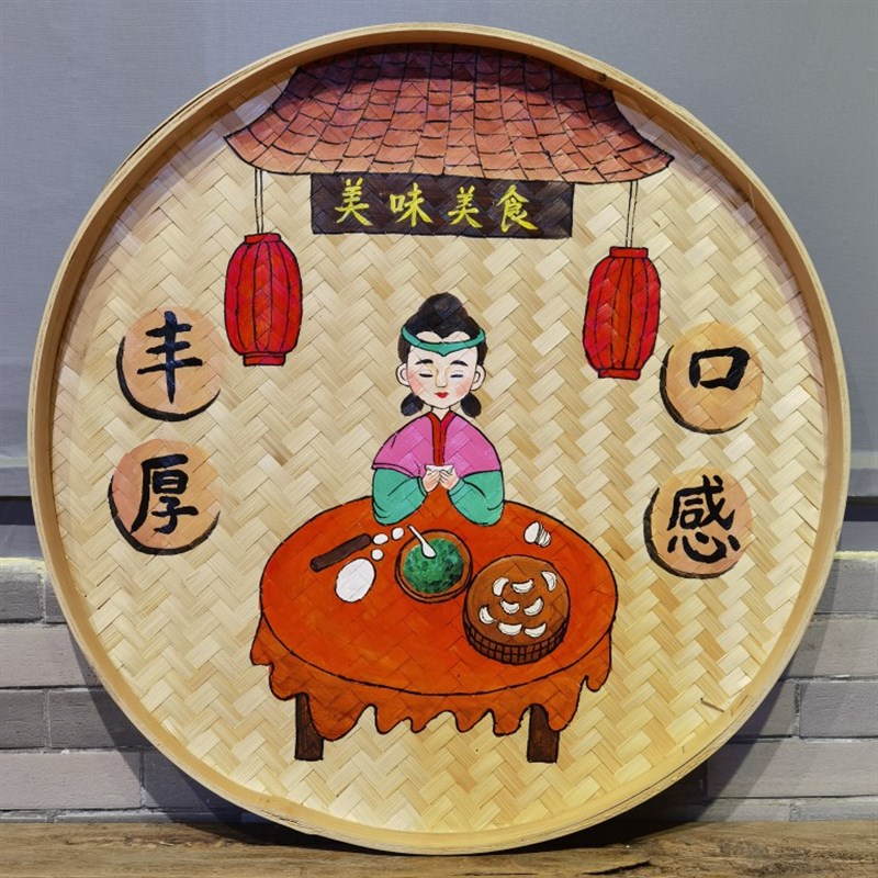 手绘竹编簸箕装饰画复古怀旧圆形挂件农家乐墙壁挂饰酒店饭店墙饰图片