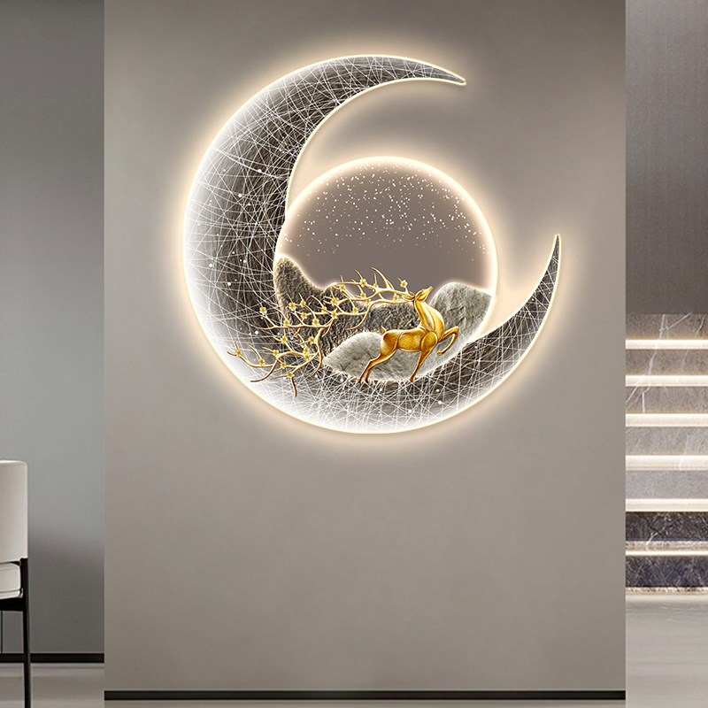 现代轻奢玄关装饰画高级感led灯画月亮福禄走廊过道入户发光壁画