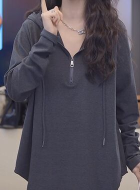 欧货半拉炼连帽衫女2023秋冬新款时尚宽松百搭中长版大尺码卫衣女