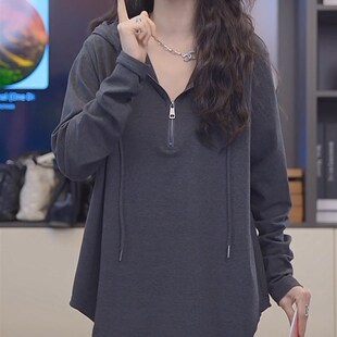 欧货半拉炼连帽衫女2023秋冬新款时尚宽松百搭中长版大尺码卫衣女