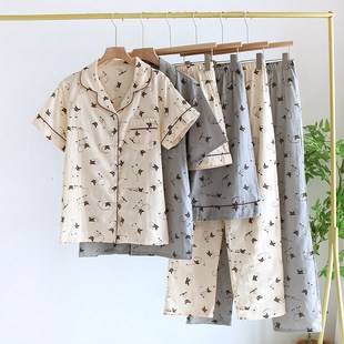 薄款 日系情侣三件套睡衣男女短袖 小猫春夏季 长裤 纯棉双层纱布 短裤