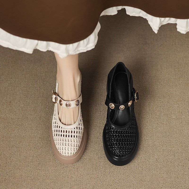 巨舒服编织镂空凉鞋2025夏季新款透气真皮高跟鞋厚底40大码女鞋子