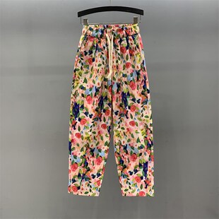 宽松显瘦直筒九分沙滩裤 夏季 女2024新款 高腰花色休闲阔腿裤 子 薄款