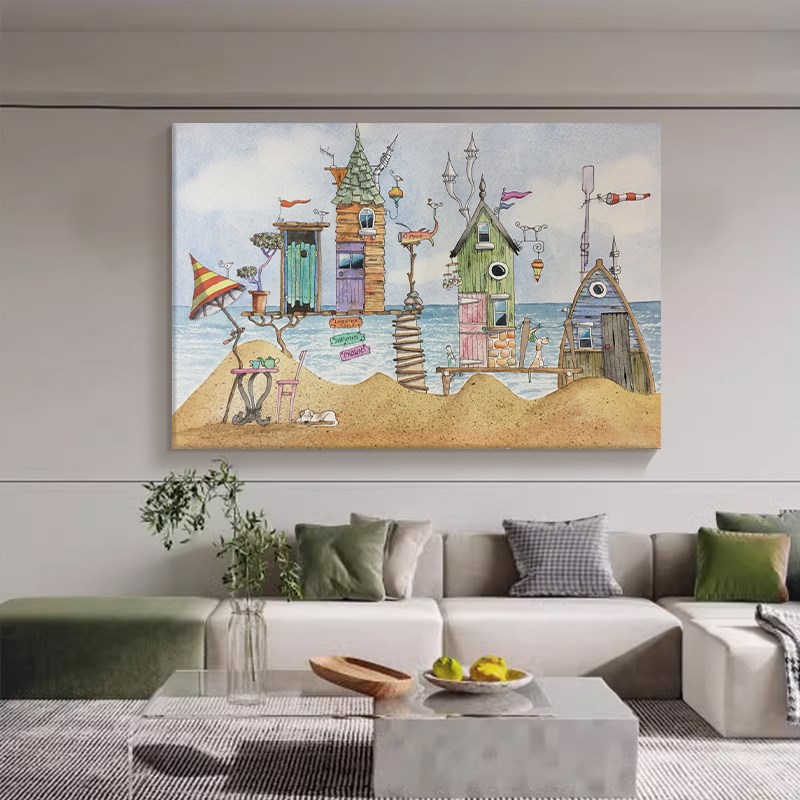 现代艺术卡通建筑手绘p油画客厅横版沙发后装饰壁画卧室小孩房挂图片