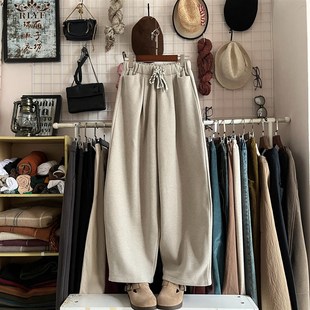 洋气深灰杏色老爹裤 女宽松休闲裤 冬 松紧腰加厚羊绒阔腿镰刀裤 时尚