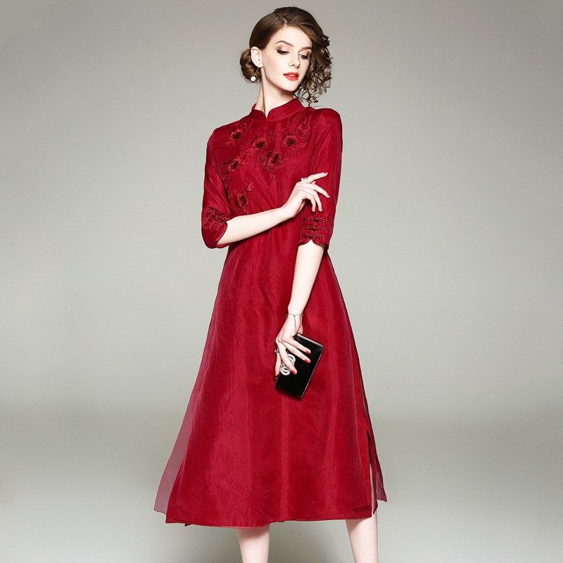喜婆婆改良版旗袍夏季高贵女装婚礼服刺绣新款婚庆姨妈妈连衣裙女