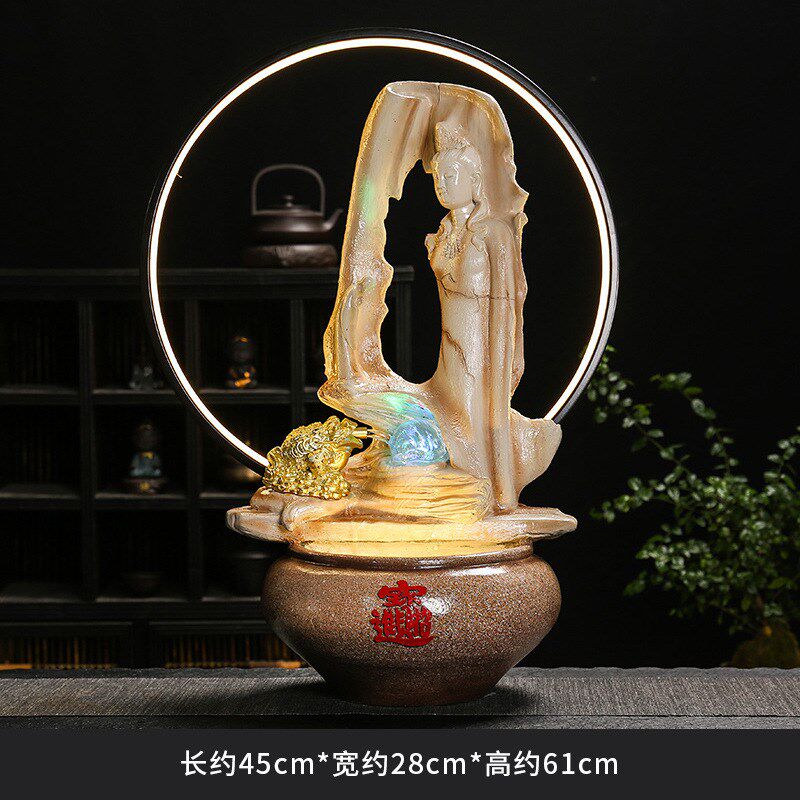 禅意观音佛像金蝉盆景灯圈家居客厅玄关桌面装饰流水生财鱼缸摆件