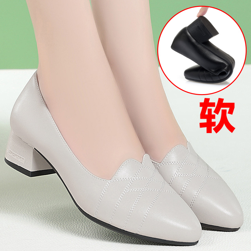 妈妈鞋子真皮软底舒适女2023A年新款真皮包鞋粗跟中年春秋女士皮