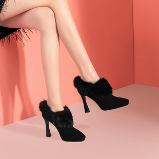 女 磨砂细跟单鞋 尖头深口兔毛加绒黑色高跟鞋 防水台2025秋冬新款