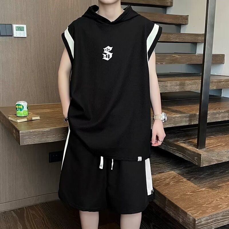 夏季休闲运动连帽套装男潮牌宽松一套衣服搭配潮流背心短裤两件套,男装,休闲运动套装,淘宝优惠券,粉丝福利购,淘宝优惠卷