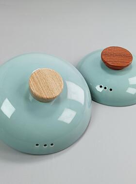 蓝色陶瓷砂锅盖子炖锅单盖瓦罐配件汤煲家用檀木纹防烫手柄锅盖