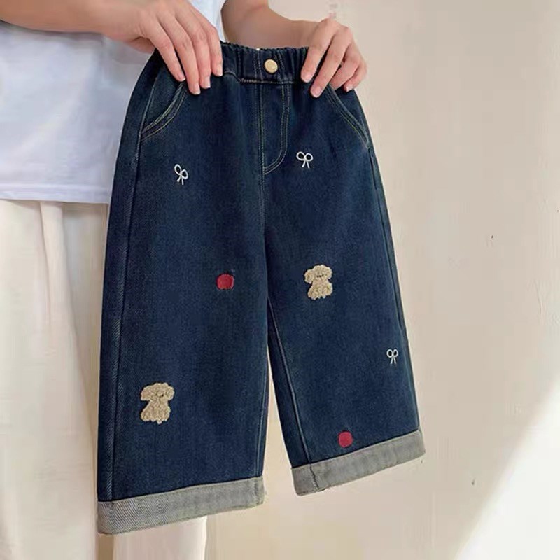 韩国童装女童裤子秋冬新款洋气儿童卡通牛仔裤女宝复古加绒直筒裤