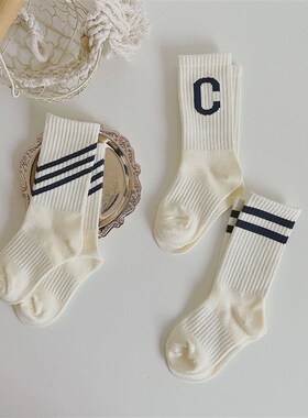 男女童白色学院学生袜子英伦简约大童高腰潮中筒袜双杠春秋款长款