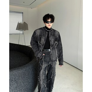 复古垫肩牛仔外套男宽松小众做旧毛边夹克百搭微喇裤子两件套装潮