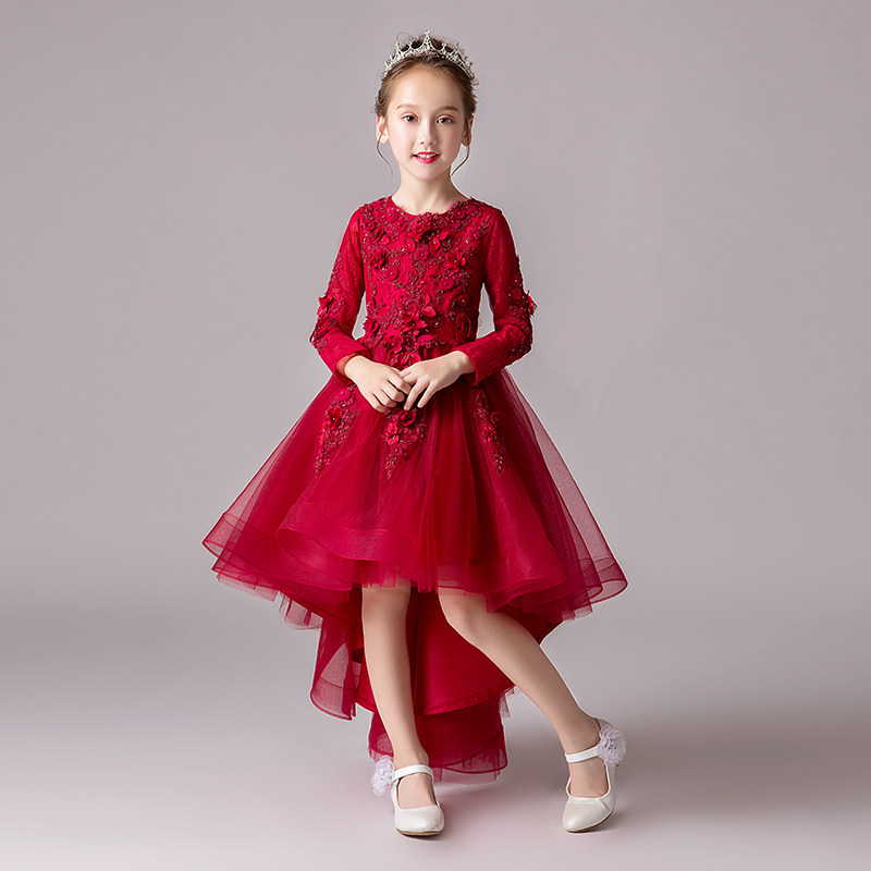 儿童礼服公主裙女童生日红色长袖花童婚纱主持人钢琴演出服秋冬季