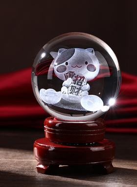 白色水晶球水晶球透明招财猫款雕刻定制猫玻璃球装饰客厅办公桌摆