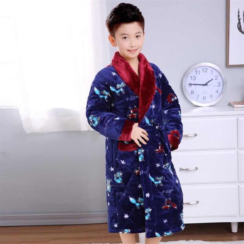 儿童睡衣冬季加厚加绒睡袍珊瑚绒三层夹棉浴袍中大男女童冬天小孩