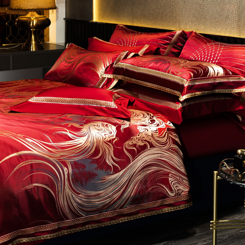 奢华婚庆四件套红色织提花床上用品十件套锦缎金银丝提花被套高端