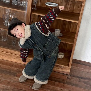 暮晨家新款冬装2024男童羊羔毛牛仔马甲儿童加绒加厚直筒裤两件套