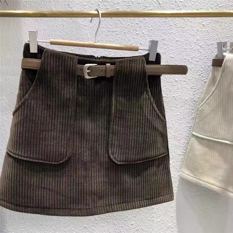 女童灯芯绒半身裙儿童秋冬加绒高腰a字包臀裙宝宝腰带条绒短裙子