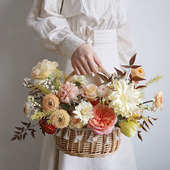 花篮装 藤编流苏圆形手提拍摄道具花艺插花花器篮 饰小篮子田园风格